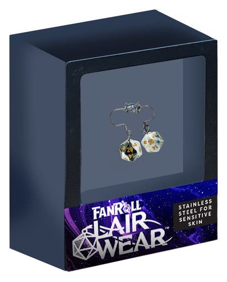 Lair Wear Dice Earrings D20 Marble Black & White with Gold – billede 2