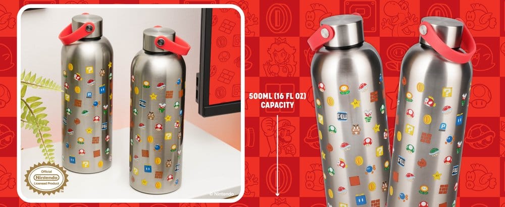 Super Mario Metal Water Bottle with Carry Loop